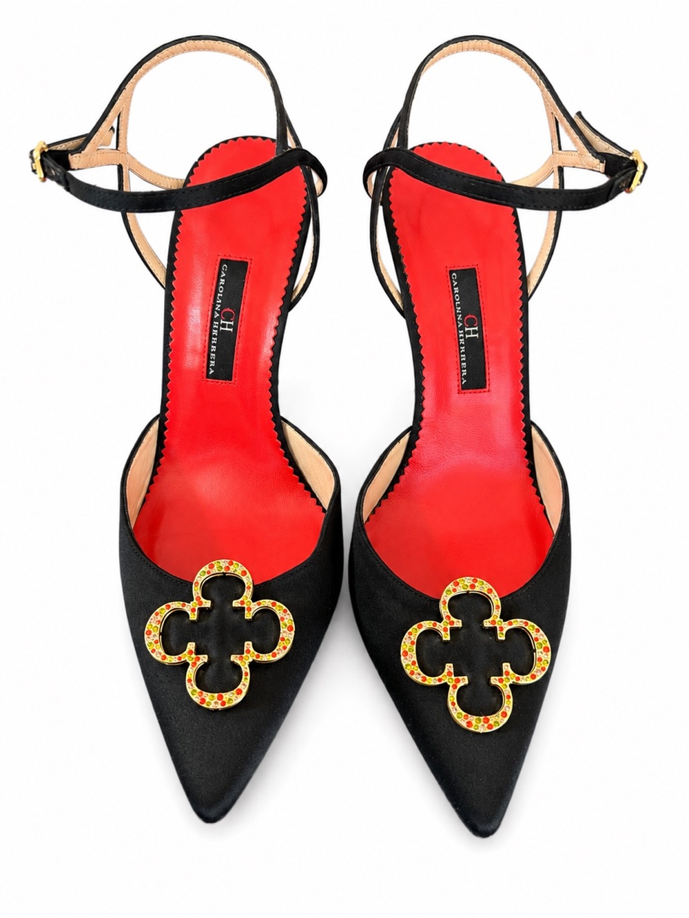 Carolina Herrera Black Pointed Slingback Pumps with Red Insole and Gold Emblem